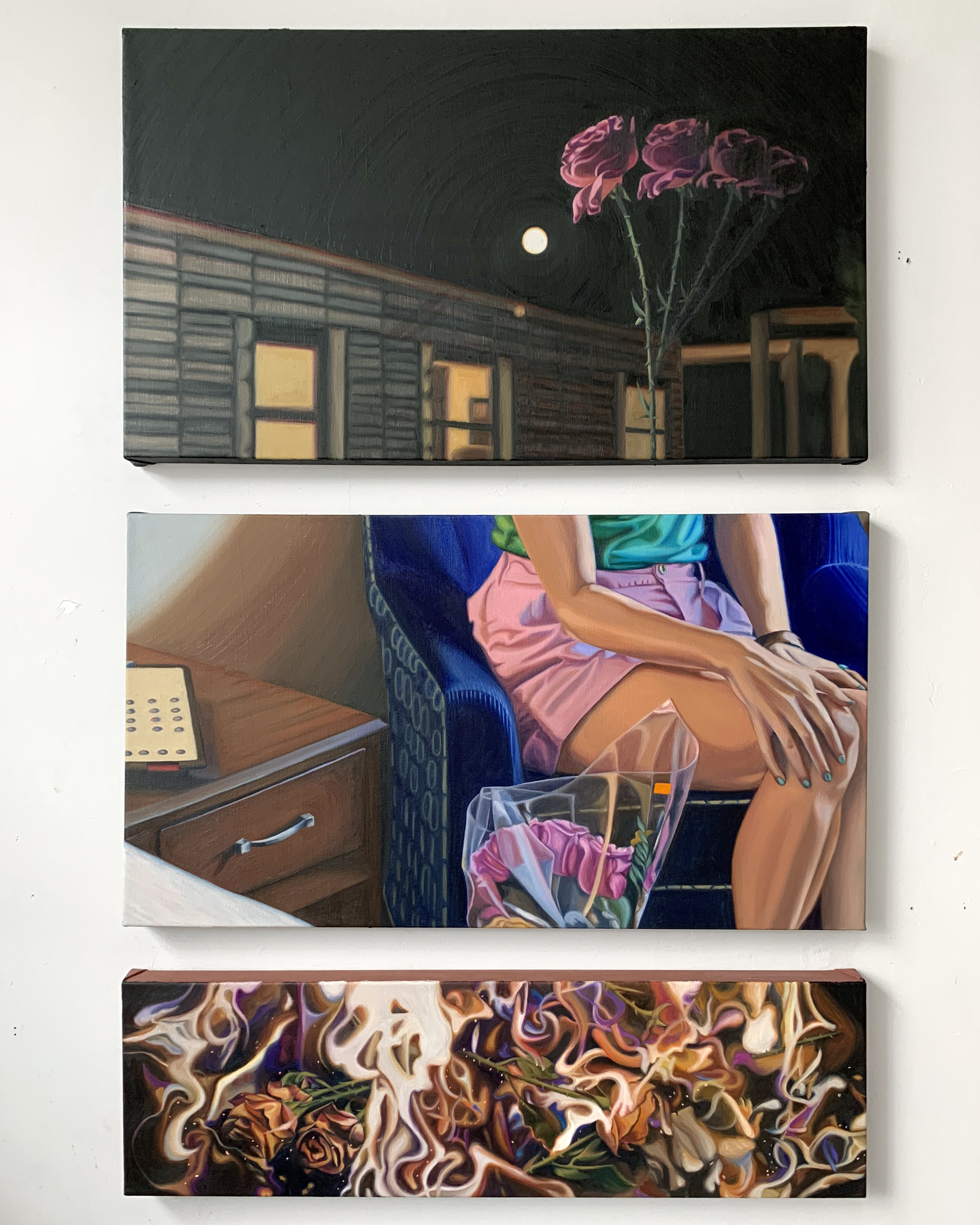 Household (triptych), 48x34 2021 <br>oil on canvas<br><br>Households only account for 7-8% of carbon emissions in the US per year. This statistic tells me it is not the common consumer's fault or problem to fix. However, in imagining a socially responsible carbon removal society, our “emotional content and context around climate change: fear, loss, guilt, vulnerability, love, and longing” is a key capacity for “mobilize[ing] around the scale of action called for” (Buck, 2018, p.195).